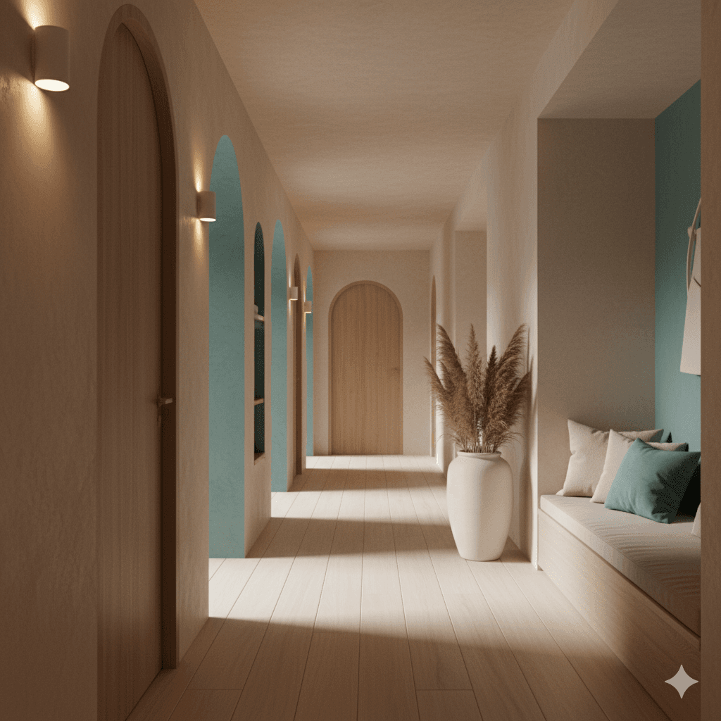 Perspective down the sanctuary wellness wing