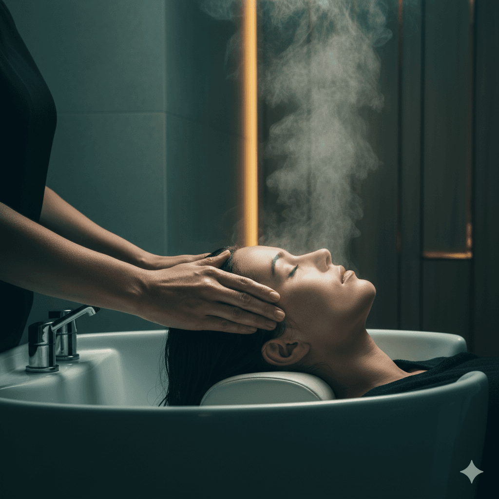 Immersive head spa ritual with eucalyptus steam